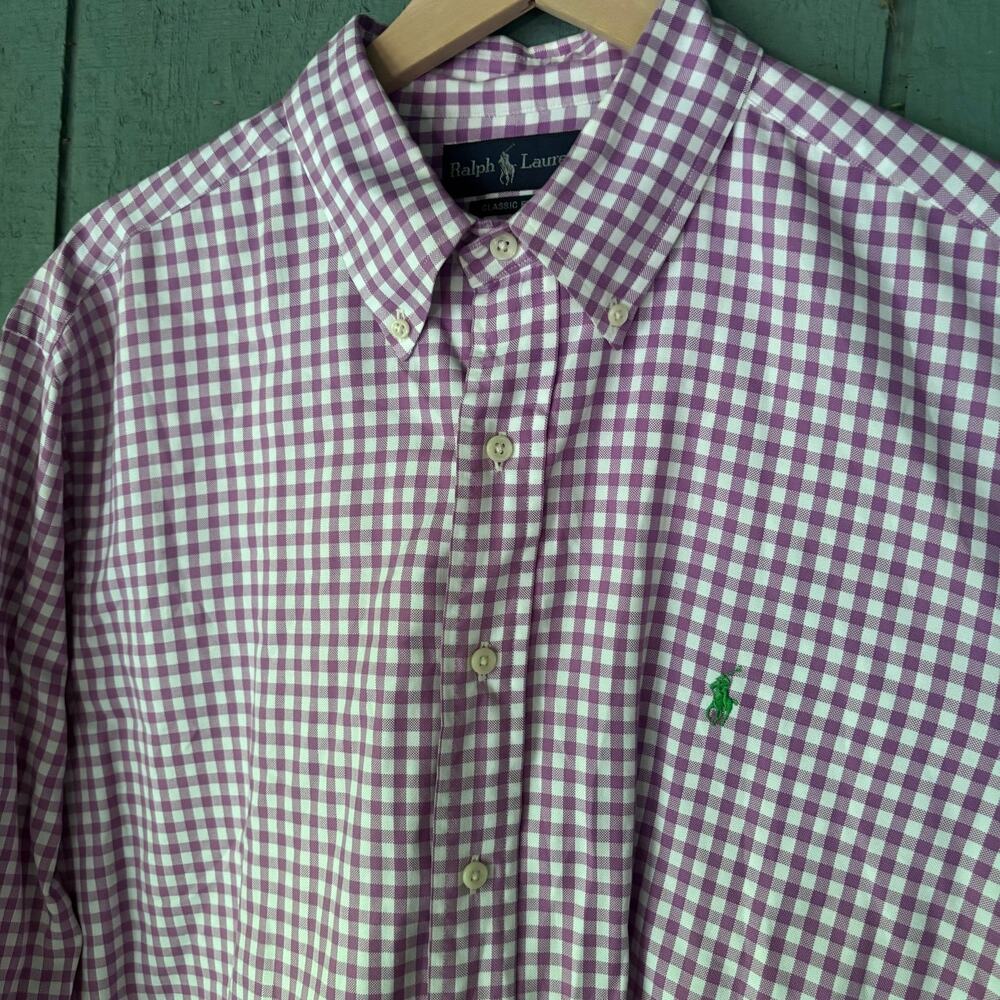 Polo Ralph Lauren Men's Classic Fit Gingham Dress Shirt Purple White 17.5 32/33